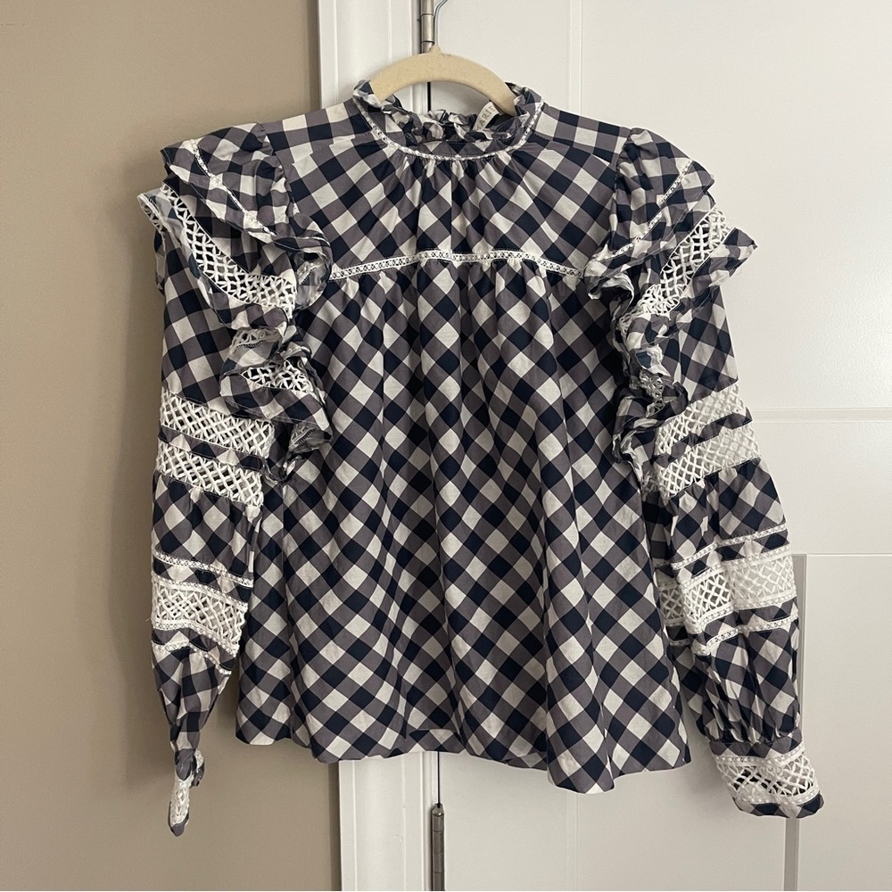 Marie Oliver Que Blue White Plaid Checkered Long Sleeve Ruffle Blouse - Picture 2 of 5